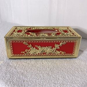 Vintage Elegant Ornate Red Velvet Gold Tone Plastic Tissue Box Cover